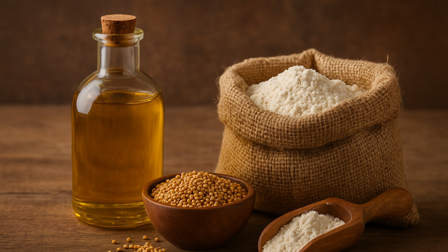 Bottles of oil and sacks of flour on a rustic table